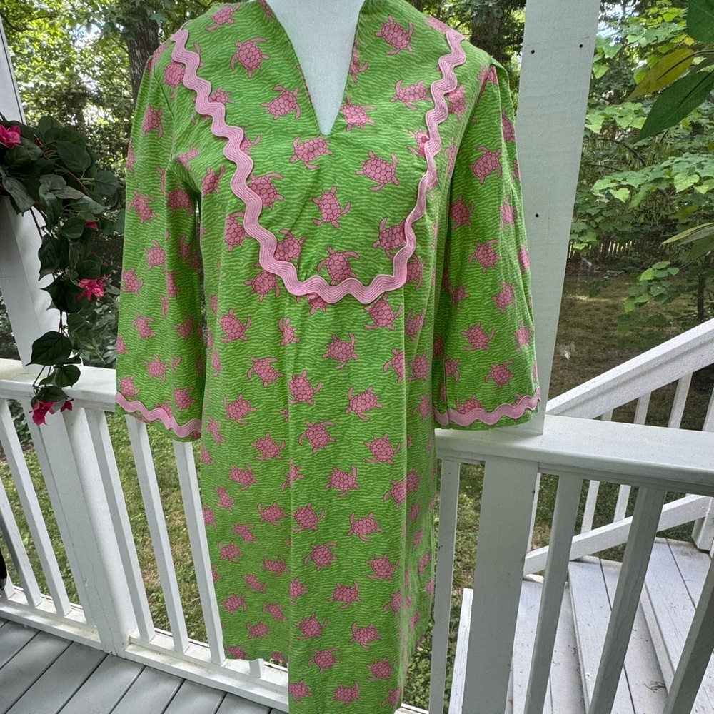 Boutique handmade  Lilly P inspired tunic dress green /pink fabric w/ rick rack